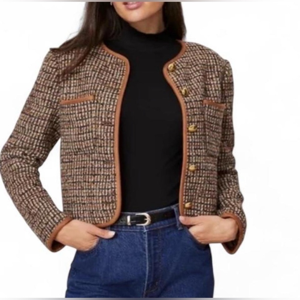 Ann Taylor Brown Tweed Cropped Blazer with Tan Trim